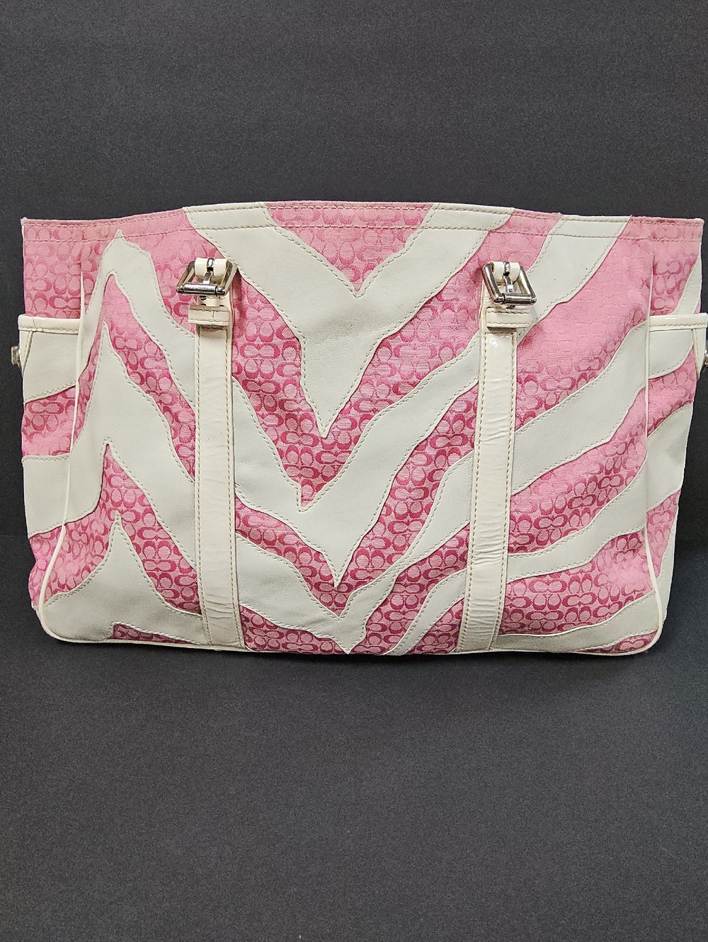 Coach Pink and Cream Zebra-Stripe Signature Tote